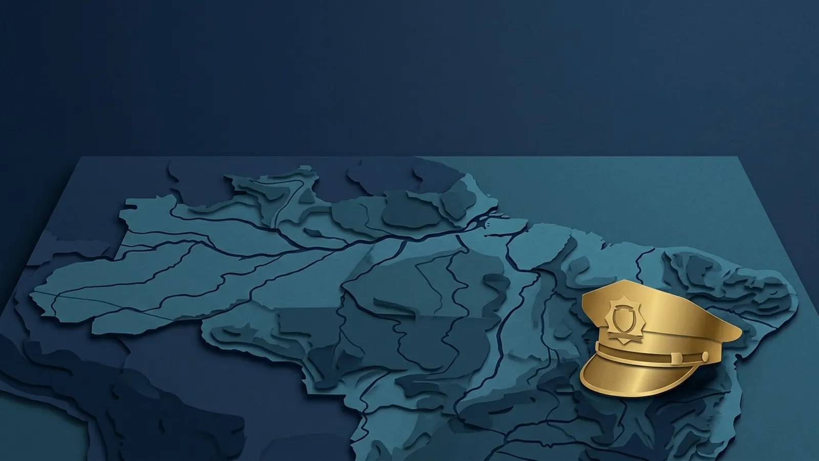 Mapa do Brasil em relevo, com as divisões dos estados, e um quepe de polícia dourado em primeiro plano