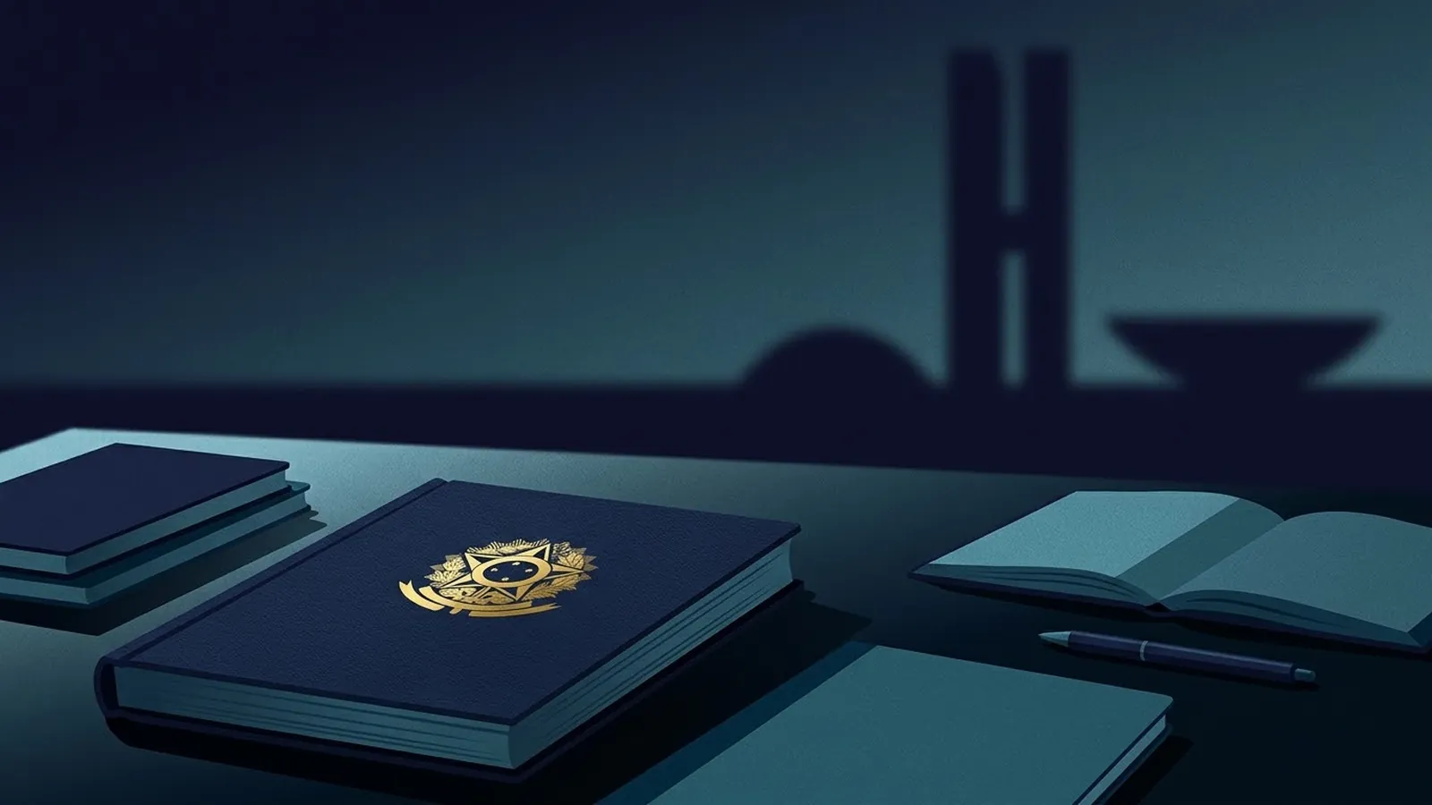 Mesa de trabalho com cadernos de anotações e um documento encadernado em azul e dourado
